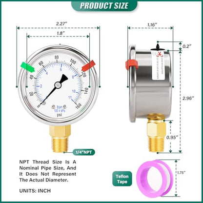 0-160Psi Stainless Steel Dry Low Pressure Gauge 1/4" NPT 2" Dual Scale Dial, Lower Mount, Waterproof for Water Oil Air Well Pump, Tire Gas Pressure Test (with Range Mark Pointer) - size: 0-160Psi, style: Lower Mount(1/4"NPT)