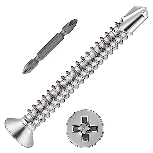 Wensilon（200pcs）#8×1-1/2”for Sheet Metal Self-Tapping Screws 410 Stainless Steel Flat Head High-Strength Quick self-Drilling Screws - color: Silver, size: #8X1-1/2"