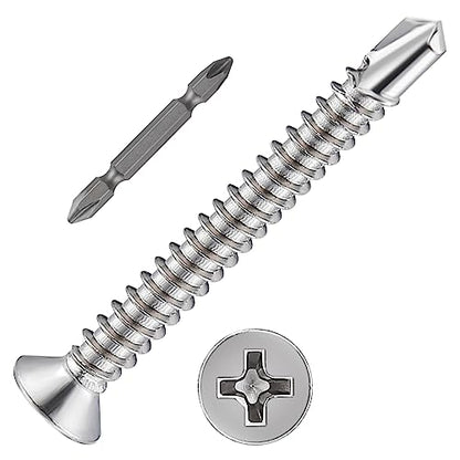 Wensilon（200pcs）#8×1-1/2”for Sheet Metal Self-Tapping Screws 410 Stainless Steel Flat Head High-Strength Quick self-Drilling Screws - color: Silver, size: #8X1-1/2"