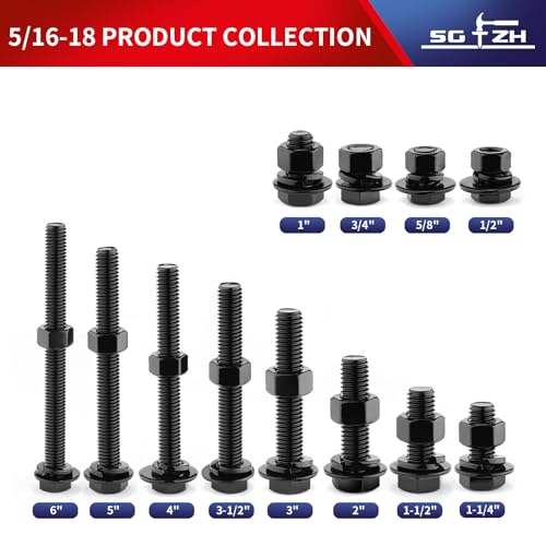 5/16-18 x 3" Hex Head Screw Bolt, Nuts, Flat & Lock Washers, 10Pcs 18-8 (304) Stainless Steel, Fully Threaded, Black Oxide by SG TZH - size: 5/16-18 x 3"