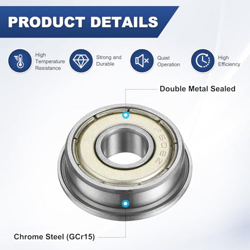 M METERXITY 4-Pack F608ZZ Flanged Ball Bearing, 8 x 22 x 7mm Double Metal Shielded Chrome Steel (GCr15) Flange Rip Bearings for Wheelbarrow/Printer/Fax Machines/Power Tools - size: 8mm x 22 x 7mm