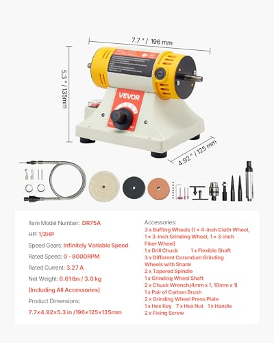 VEVOR Bench Buffer Polisher, 1/2HP Polishing Buffing Machine, 0 to 8000RPM Benchtop Polisher Grinder with 4" Cloth Wheel, 3" Grinding Wheel & 3" Fiber Wheel for Metal, Jewelry, Wood and Plastic - style: 1/2HP-4inch-Stylobate