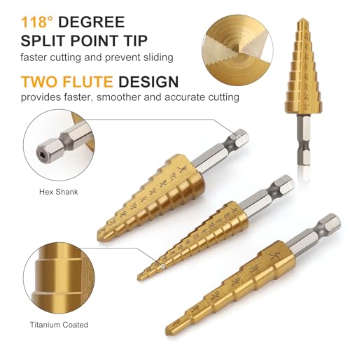 Step Drill Bit Set, 3PCS HSS Titanium Coated High Speed Steel Step Bits Covering 28 Sizes (1/8"-3/4") for Wood, Plastic, Sheet Metal with Portable Bag, Nice Gift for DIY Lovers - style: 3PCS Step Drill Bits Straight