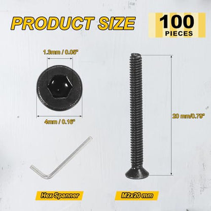PATIKIL M2x20mm Flat Head Socket Cap Screws Carbon Steel Hex Spanner 100Pcs - size: M2x20 mm