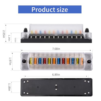 12-Way 12V Fuse Box Blade, 12-Volt Fuseholder, No LED Indicator, Moisture Resistant Cover - with Ground Bus 12-Way Independent Positive Fuseholder for 12V/24V Cars, Car Trucks, Boats, Marine Vehicles - size: 12 Way