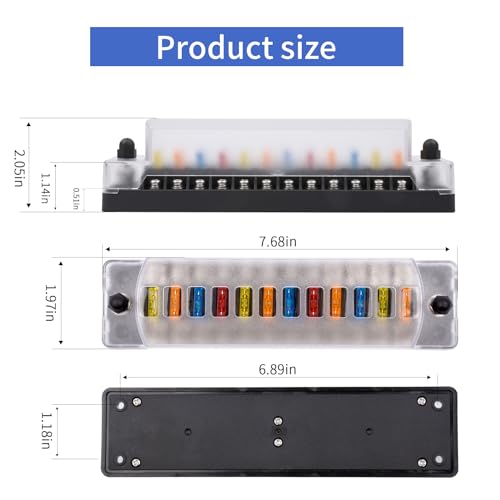 12-Way 12V Fuse Box Blade, 12-Volt Fuseholder, No LED Indicator, Moisture Resistant Cover - with Ground Bus 12-Way Independent Positive Fuseholder for 12V/24V Cars, Car Trucks, Boats, Marine Vehicles - size: 12 Way
