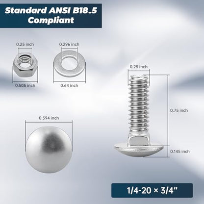 1/4-20 x 3/4 Inch Carriage Bolt Kit, 304 Stainless Steel (18-8) with Hex Nuts & Flat Washers - 20 Sets, Round Head Square Neck, Full Thread Coverage by Glvaner - size: 1/4-20 x 3/4"