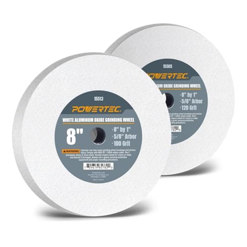POWERTEC Bench Grinder Wheel 8 Inch White 100 & 120 Grit, White Aluminum Oxide Grinding Wheel for Bench and Pedestal Grinder, 1" Thick 5/8" Arbor, Sharpening & Shaping Drill Bits, Blade, Chisel, 2PK - size: 100/ 120 Grit, 2PK