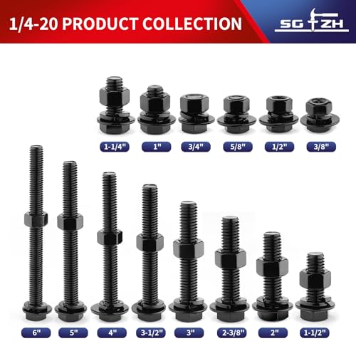 1/4-20 x 3/4" Hex Head Screw Bolt, Nuts, Flat & Lock Washers, 20Pcs 18-8 (304) Stainless Steel, Fully Threaded, Black Oxide by SG TZH - size: 1/4-20 x 3/4"
