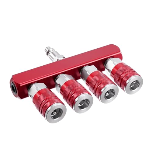 4-Way Air Manifold 1/4 Inch Air Hose Splitter Industrial Connect Fitting 4 Couplers Plug Red - color: Red