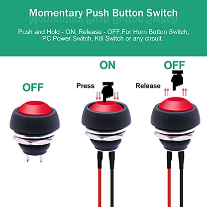 Twidec/6Pcs 12mm Momentary Push Button Switch 1/2" Mounting Hole On Off Mini Round Waterproof Red with Pre-soldered Wires PBS-33B-R-X - color: Red-12mm, size: Momentary