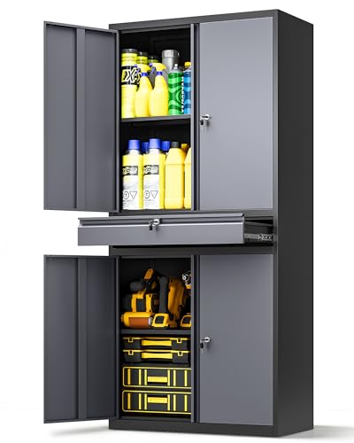 Metal Storage Cabinet with Drawer, Garage Storage Cabinet with Locking Doors and Adjustable Shelves for Garage, Home Office,Warehouse - color: Black Grey, size: 71"H x 31.5"W x 15.7"D - A