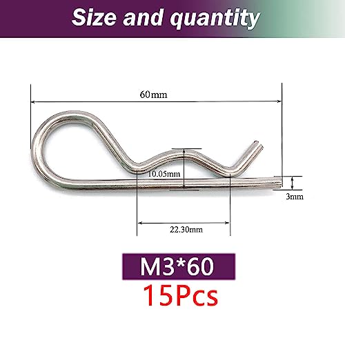 15Pcs Heavy Duty Hitch Pins Clip R Clips Cotter Pins, Stainless Steel Spring Retaining Wire Hair Pins， Large for Trailer Tractors Mower Carts Truck Pin Clip，Strong Spring Tension M3x60mm - size: M3×60mm-15pcs 304 Stainless Steel