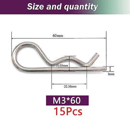 15Pcs Heavy Duty Hitch Pins Clip R Clips Cotter Pins, Stainless Steel Spring Retaining Wire Hair Pins， Large for Trailer Tractors Mower Carts Truck Pin Clip，Strong Spring Tension M3x60mm - size: M3×60mm-15pcs 304 Stainless Steel