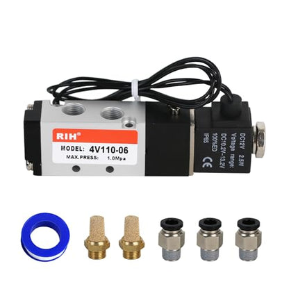 RIH Pneumatics Solenoid Valve 4V110-06 12V/24V/110V Series Single Coil Pilot-Operated Electric 2 Position 5 Way Connection Type (DC12V/Out of line, 1/8"NPT) - size: DC12V/Out of line, style: 1/8"NPT