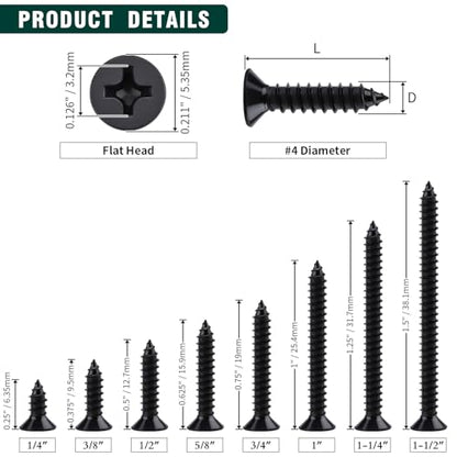 #4 x 3/4" Flat Head Phillips Sheet Metal Tek Screws, 304 Stainless Steel 18-8, Black Oxide Coated Finish, Corrosion Resistant Flat Head Wood Screws, 100 PCS - size: #4 x 3/4"