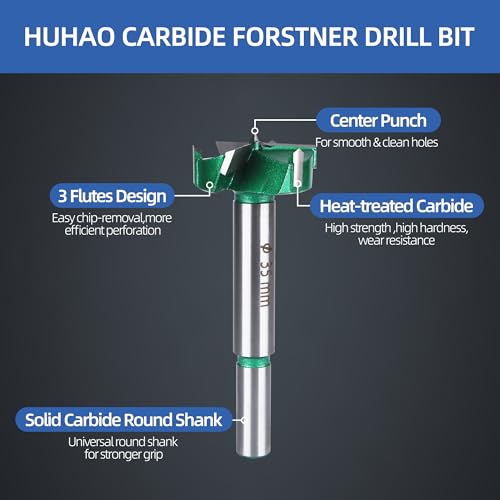 HUHAO 1-3/8" | 35mm Triple Flute Forstner Drill Bit, Tungsten Carbide Upgraded Drilling Hole Saw Woodworking Hinge Cutter Tool Kits for Wood,Plywood,Plastic,MDF - size: 35 mm