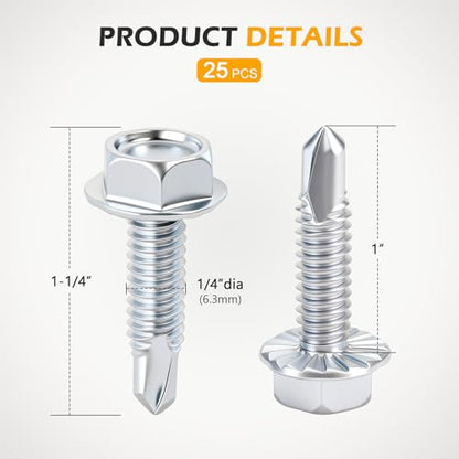 1/4" x 1" Hex Washer Head Self-Drilling Screws (50 PCS), Grade 8.8 Heat Treated Carbon Steel, Zinc Plated Self Tapping Screws, Industrial Strength Metal Fasteners - color: Silvery, size: Self-Drilling 50 pcs