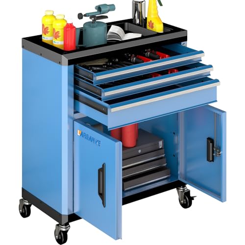 LARBANKE Rolling Tool Chest with Lock&Keys,360° Wheels and Drawer Liners,Tool Cabinet with 3 Drawers&2 Doors,Tool Cabinet Equipped with Connecting Rods for Stacking with 5&7-Drawer Chest - color: Blue, size: 3 drawer and double-door tool chest