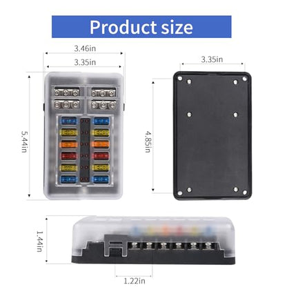 12 Way 12V Fuse Box Blade, 12Volt Fuse Block with LED Indicator Waterproof Cover - 12-Way Individual Positive Fuse Holder with Ground Bus Holder for 12V/24V AutoTruck Boat Marine RV Van Vehicle - color: 12 Way