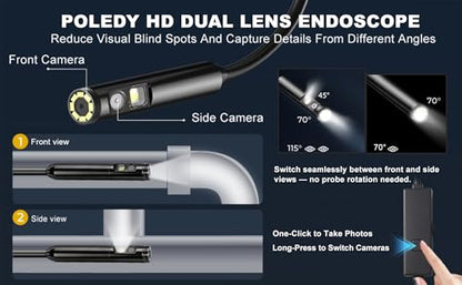 Dual-Lens Endoscope Camera with Light, POLEDY 1920P HD Borescope, 8 Adjustable LED Light, IP67 Waterproof, 16.4ft Snake Camera, Semi-Rigid Cable Inspection for Android, iOS - style: Dual Lens