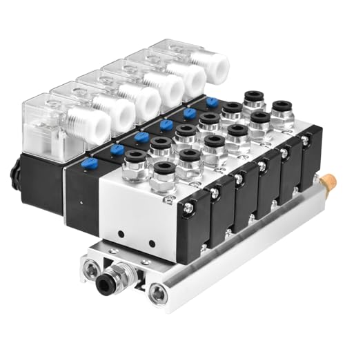 Heschen Electrical Pneumatic 6 Solenoid Valve, 4V210-08, DC24V Coil, PT1/4'' Port, 5 Way 2 Position, Manifold Base, Muffler, Quick Fittings Set - style: Electronic.