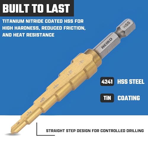 NEIKO 10604A Step Drill Bit, 6 Steps 3/16" to 1/2" Straight High Speed Steel, Titanium Nitride Coated, 1/4" Quick Change Step Bits for Steel, Metal, Wood, Plastic, Unibit Cone Drill Bits, Two Flute - size: #2 (3/16 - 1/2", 6S), style: Straight