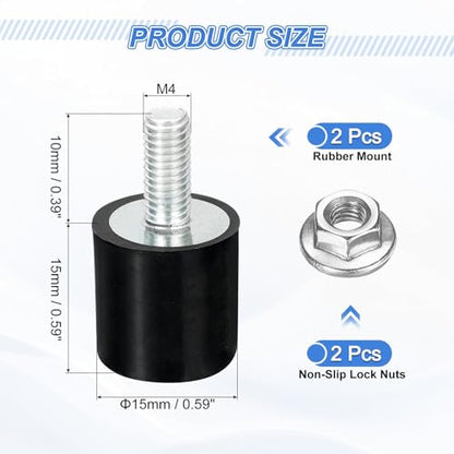 uxcell 2Pcs M4 Thread Rubber Mounts, Vibration Isolators, Cylindrical Shock Absorber with Studs 15 x 15mm with Non-Slip Nuts - size: M4 x 15 x 15mm