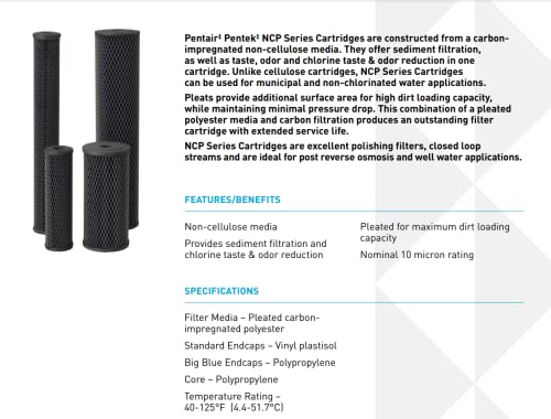 Pentair Pentek NCP-20BB Big Blue Carbon Water Filter, 20-Inch, Whole House Non-Cellulose Carbon Impregnated Pleated Filter Cartridge, 20" x 4.5", 10 Micron, Pack of 6, Gray - size: Pack of 6, style: 20" x 4.5"