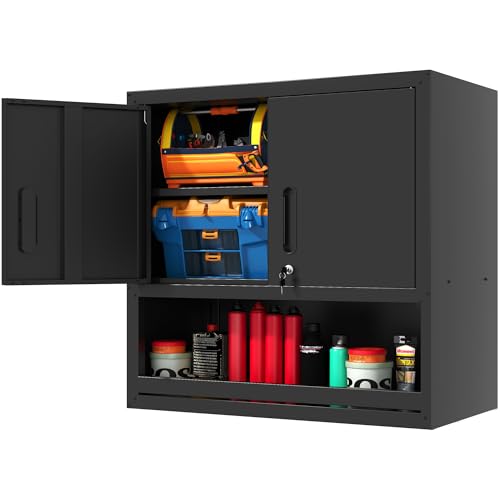 Garage Wall Cabinet with 2 Locking Doors and Shelf Metal Storage Cabinet - color: Black, style: 2 doors wall cabinet