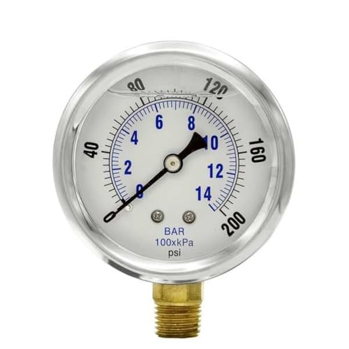 PIC Gauge PRO-201L-254G Glycerin Filled Industrial Bottom Mount Pressure Gauge with Stainless Steel Case, Brass Internals, Plastic Lens, 2-1/2" Dial Size, 1/4" Male NPT, 0/200 psi - style: 0-200 PSI