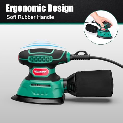 HYCHIKA Detail Sander,140W Electric Sander, up to 13000OPM, 1.2A Palm Sander Tool with 12pcs Sandpapers, with Efficient Dust Collection System, Compact Hand Sander for Woodworking - style: Detail Sander with 12 Sanderpapers