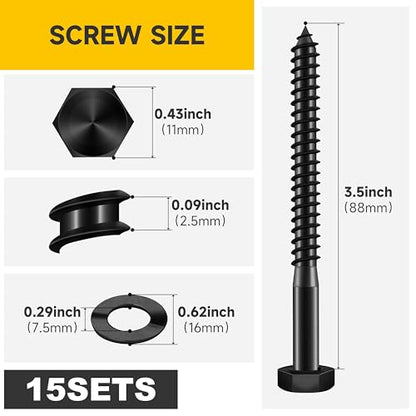 MYWISH (15Sets) 1/4" x 3-1/2" Hex Head Lag Bolts, Heavy Duty Lag Screws with Washers, 304 Stainless Steel Bolts 18-8, Lag Screws Wood Screws, Partial Thread Black Oxide, 1/4 Bolt - size: 1/4 x 3-1/2" (15 set)