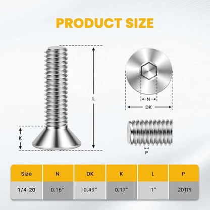 1/4-20 x 1 Flat Head Socket Cap Screws Countersunk Bolts, Allen Socket Drive, Stainless Steel 18-8 (304), Bright Finish, 50 PCS - color: Silver, size: 1/4-20 x 1"