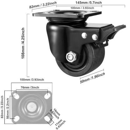 W B D WEIBIDA Plate Swivel Caster Wheels 3-inch Heavy Duty of 4400lbs, Low Gravity Center Design Black Caster Wheels with Brake, Durable & Quiet & Sturdy Nylon Wheels for Industrial, Set of 4 - style: 3 inch(Metal)