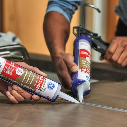 GE Advanced Silicone Caulk for Kitchen & Bathroom, White, 10 fl oz Cartridge, 2 Pack - 100% Waterproof Silicone Sealant, 5X Stronger Adhesion, Shrink & Crack Proof - size: Pack of 2, style: White