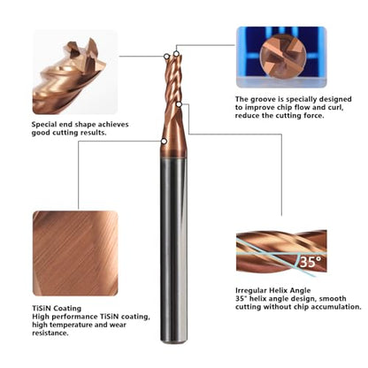 5PCS Micrograin Carbide Square End Mill Set with TISIN Coated - 1/16" 4 Flute CNC Milling Bits for Hardened Steel/Cast Iron/Alloy Steel - HRC55 - size: 1/16 in