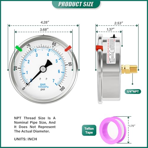 0-100PSI Stainless Steel Liquid Filled Pressure Gauge, 4" Dial Size, 1/4" NPT Back Mount, for Tube, Water Pump, Gas, Liquid, Pressure Test (with Range Mark Pointer) - size: 0-100 psi
