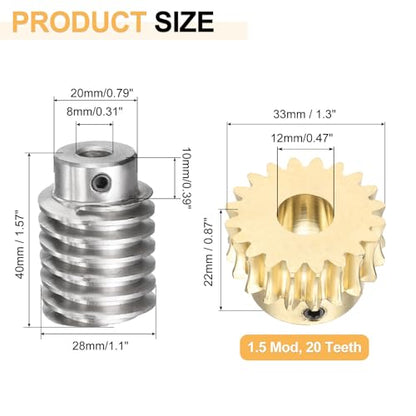 uxcell Worm Gear Set 20T 1.5 Module 20:1 Reduction Rate, Right Rotation Drive Gear Box Wheel Reduce Transmission Part (Brass Gear-12mm Bore, #45 Steel Rod 8mm Bore) - size: 12mm x 8mm