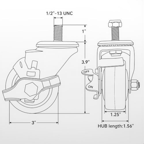 3" Casters Set of 4, Threaded Stem 1/2"-13 UNC 1", 2 Swivel 2 Brake - size: 3 Inch-Stem