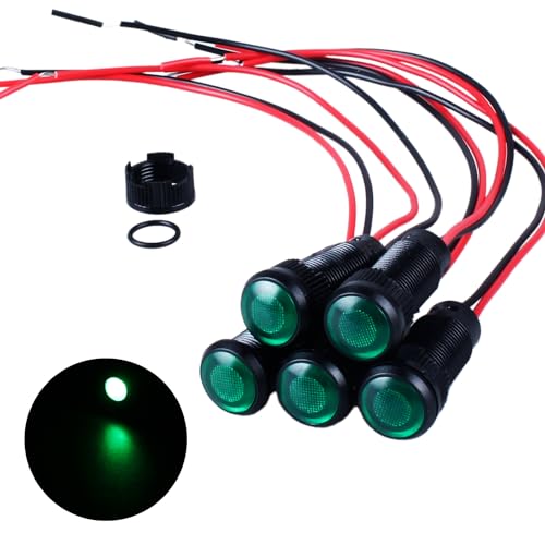 5pcs 10mm LED Indicator Light Plastic Black Signal Dot Lamp 12V-24V 2/5" Mounting Hole Size with 15cm/5.9in. Wire (Green LED) - color: Green, size: 10mm 12-24V