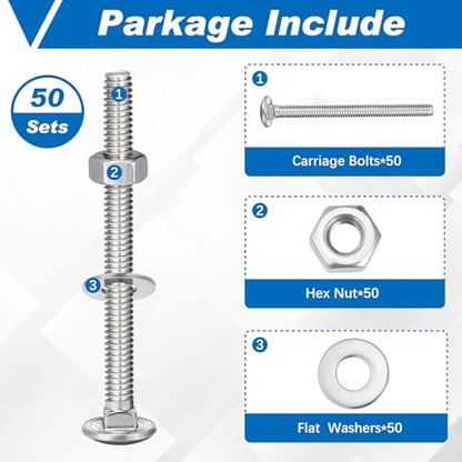 Zonon 50 Sets 1/4-20 x 3 Carriage Bolts and Nuts Kit,Silver - color: Silver, size: 1/4-20 x 3"