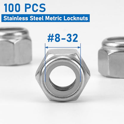100 Pack 304 A2-70#8-32 Nylon Lock Nuts - color: Silver, size: #8-32