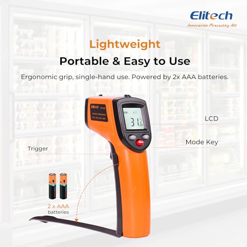 Elitech Laser Temperature Gun, Non-Contact Digital Infrared Thermometer, Adjustable Emissivity, Backlight, Handheld for Grill, Meat, Food, Candy, Automotive, HVAC Tools, -50~530°C(-58~986°F), DIT-220 - color: -50 to 530°C