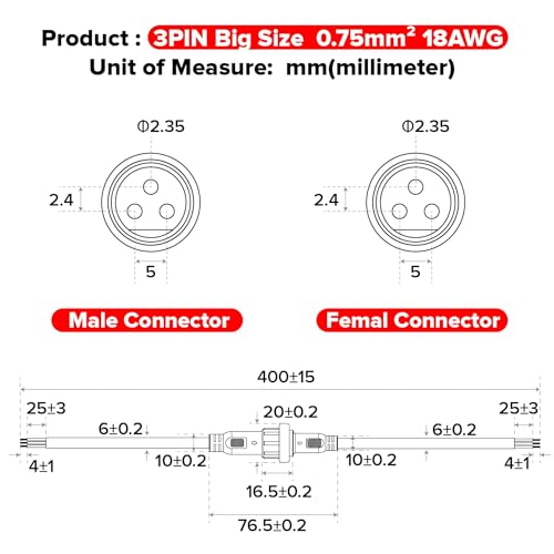BTF-LIGHTING 3 Pin Electrical Connector 18AWG IP65 Male Female Connector 7.87in/20cm Extension Cable for Car,Truck,Boat,Indoor/Outdoor LED Strip Lights/String 22mm Nut Big Size 5 Pairs - size: 3 PIN Big Size