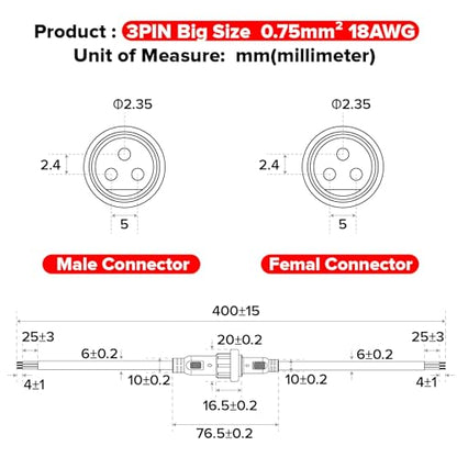 BTF-LIGHTING 3 Pin Electrical Connector 18AWG IP65 Male Female Connector 7.87in/20cm Extension Cable for Car,Truck,Boat,Indoor/Outdoor LED Strip Lights/String 22mm Nut Big Size 5 Pairs - size: 3 PIN Big Size