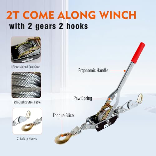 Come Along Winch 4400 lbs/2T Pulling Capacity, 6.6 ft Steel Cable,2 Hooks - size: 4400 lbs