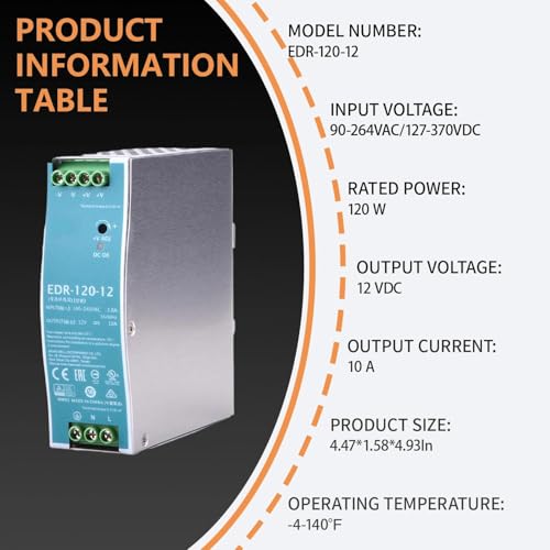 EDR-120-12 120W Power Supply - 12V 10A, AC-DC DIN Rail Power Supply for Industrial, Semiconductor, Automation and Electromechanical Applications