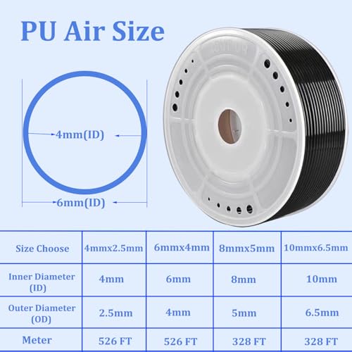 PU Air Hose Tubing 6mm OD x 4mm ID Black Polyurethane Hose 525 FT 160 Meters Line Pneumatic Tubing Pipe for Air Compressor - color: Black, size: 6mm OD x 4mm ID - 525 FT 160 Meters