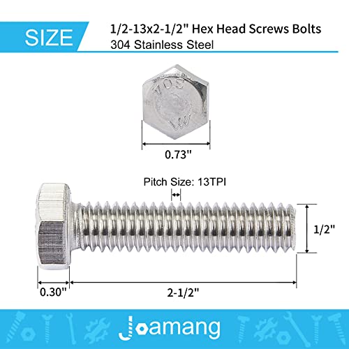 1/2-13 x 2-1/2" Hex Head Bolts, Stainless Steel 304, Hexagon Head Screws, UNC Coarse Thread, Bright Finish, Fully Threaded, Quantity 4 - size: 1/2-13 x 2-1/2"(4 PCS)